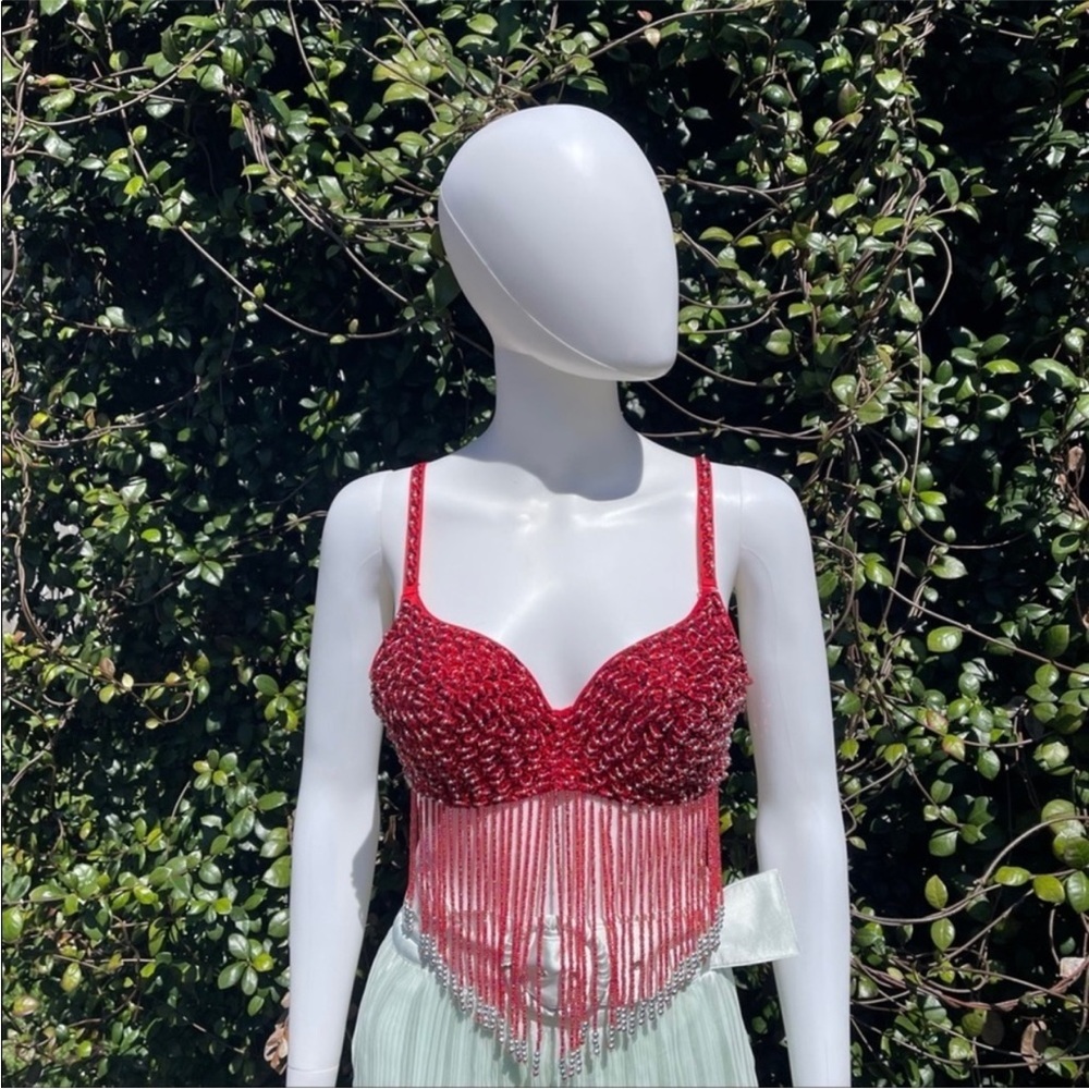 RED Beaded Fringe Sequined Flashy Festival Bra